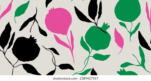 Seamless pattern of hand drawn pomegranate and leaves. Perfect for textile manufacturing wallpaper posters etc. Vector illustration

