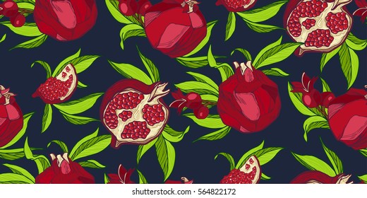 Seamless pattern with hand drawn pomegranate, design elements. Background for wedding invitations, greeting cards, print, gift wrap, manufacturing, fabric.