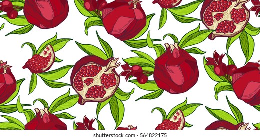 Seamless pattern with hand drawn pomegranate, design elements. Background for wedding invitations, greeting cards, print, gift wrap, manufacturing, fabric.