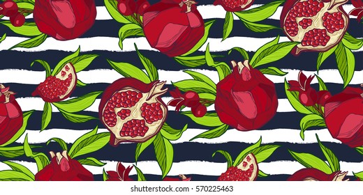 Seamless pattern with hand drawn pomegranate, design elements. Background for wedding invitations, greeting cards, print, gift wrap, manufacturing, fabric.