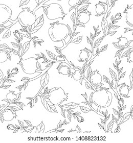 Seamless pattern with hand drawn pomegranates on branches with leaves monochrome vector illustration