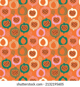Seamless pattern with hand drawn pomegranates colorful summer vibes.Vector illustration EPS10 ,Design for fashion , fabric, textile, wallpaper, cover, web , wrapping and all prints 