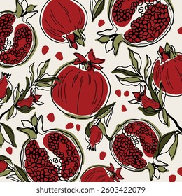 Seamless pattern with hand drawn pomegranates and branches. Bold red fruits with green leaves on light background. Vector fruit design in artistic sketch style for fabric or packaging.