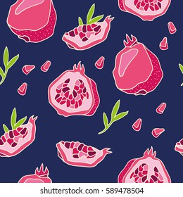 Seamless pattern with hand drawn pomegranates. Decorative pattern of the pomegranate fruit on dark background .