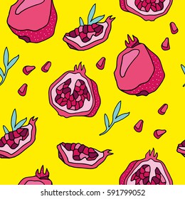 Seamless pattern with hand drawn pomegranates. Bright vector illustration with fruit