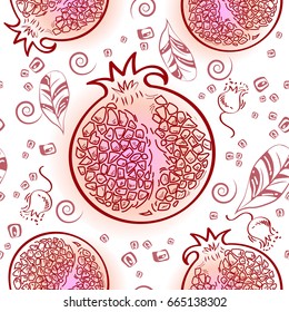 Seamless pattern with hand drawn pomegranates, seed and leaves repeating pink tone background.Vector illustration.