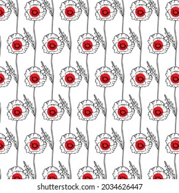 Seamless pattern with hand drawn poppies and red circles on white background. Modern floral ornament. Vector illustration.