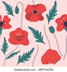 Seamless pattern of hand drawn poppy flowers. Modern flat  illustration.