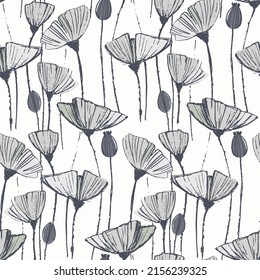 Seamless pattern with hand drawn poppy flowers for craft, apparel, design and other design projects. Line art