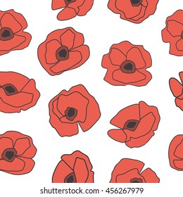 Seamless pattern with hand drawn poppy flowers. Vector illustration for cards, background, wrapping and design. 