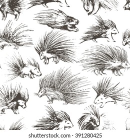Seamless pattern with hand drawn porcupines. Ink illustration. Hand drawn ornament for wrapping paper. Hand drawn animals. Elements for your design. Cute animals.