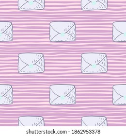 Seamless pattern with hand drawn postal letters. Simple light ornament with pink striped background. Great for fabric design, textile print, wrapping, cover. Vector illustration.