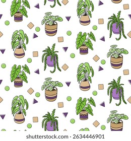 Patrón sin fisuras con plantas de interior en macetas dibujadas a mano y Formas geométricas sobre fondo blanco. Decoración del hogar y concepto de estilo de vida botánico en estilo minimalista juguetón