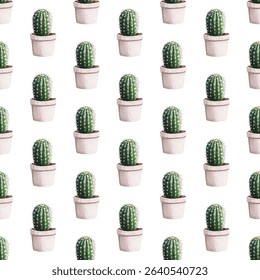 Seamless pattern of hand drawn potted cacti on a white background. Perfect for home decor, textiles, and stationery. Adds a touch of nature and greenery to any design project.
