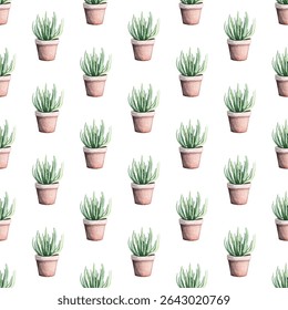 Seamless pattern of hand drawn potted cacti on a white background. Perfect for home decor, textiles, and stationery. Adds a touch of nature and greenery to any design project.