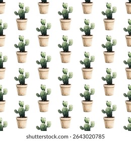 Seamless pattern of hand drawn potted cacti on a white background. Perfect for home decor, textiles, and stationery. Adds a touch of nature and greenery to any design project.