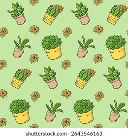 Seamless pattern with hand drawn potted succulents and cacti on green background. Botanical decor and plant lover concept in cheerful cartoon style