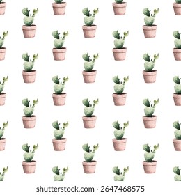 Padrão contínuo de cactos em vaso desenhados à mão sobre um fundo branco. Perfeito para decoração de casa, têxteis e artigos de papelaria. Adiciona um toque de natureza e verde a qualquer projeto de design.