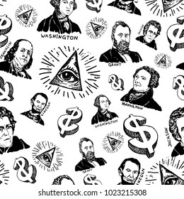 Seamless pattern hand drawn with president`s portraits. Happy Presidents Day. Vector illustration.