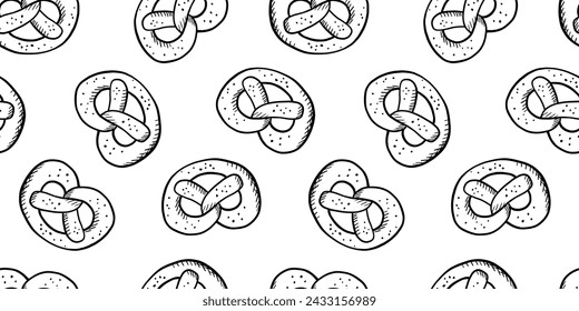 Nahtloses Muster mit handgezeichneter Brezel auf weißem Hintergrund. Lebensmittelskizze für Doodle-Vektor