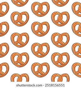 Padrão contínuo com pretzel desenhado à mão em um fundo branco. Design para embalagens de alimentos, padaria ou têxteis com produtos assados.