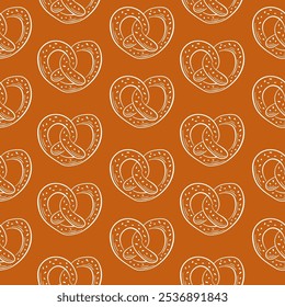 Seamless pattern of hand drawn pretzel in heart shape on brown background. Ideal for bakery, Oktoberfest theme, packaging and festive design.