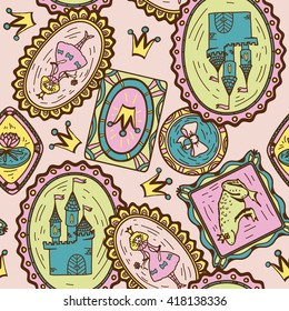 Seamless pattern with hand drawn  princess, frog and castle on rose background