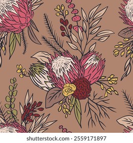 Seamless pattern with hand drawn protea flowers on brown background. Tropical floral wallpaper with earthy colors. Line art african blooms texture