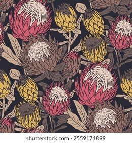 Seamless pattern with hand drawn protea flowers on dark brown background. Tropical floral wallpaper with earthy colors. Line art african blooms texture