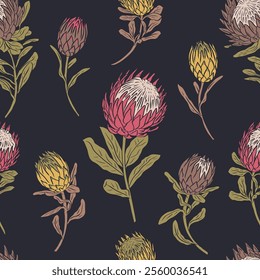 Seamless pattern with hand drawn protea flowers on dark brown background. Tropical floral wallpaper with earthy colors. Line art african blooms texture