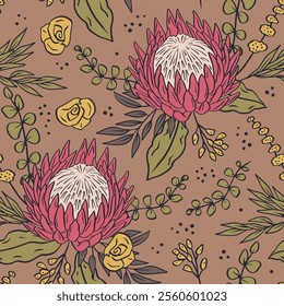 Seamless pattern with hand drawn protea flowers on brown background. Tropical floral wallpaper with earthy colors. Line art african blooms texture