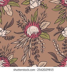 Seamless pattern with hand drawn protea flowers on brown background. Tropical floral wallpaper with earthy colors. Line art african blooms texture