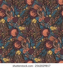 Seamless pattern with hand drawn protea flowers on brown background. Tropical floral wallpaper with earthy colors. Line art african blooms texture