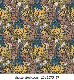 Seamless pattern with hand drawn protea flowers on brown background. Tropical floral wallpaper with earthy colors. Line art african blooms texture