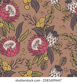 Seamless pattern with hand drawn protea flowers on brown background. Tropical floral wallpaper with earthy colors. Line art african blooms texture