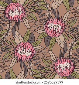 Seamless pattern with hand drawn protea flowers on brown background. Tropical floral wallpaper with earthy colors. Line art african blooms texture