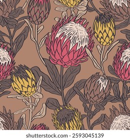 Seamless pattern with hand drawn protea flowers on brown background. Tropical floral wallpaper with earthy colors. Line art african blooms texture