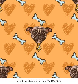 Seamless pattern with hand drawn pug dog faces, vector illustration