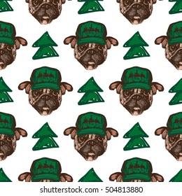 Seamless pattern with hand drawn pug dog heads