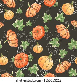 Seamless pattern with hand drawn pumpkin, leaves, skulls and bones on black background. Halloween wallpaper