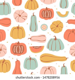 Seamless pattern with hand drawn pumpkin in cartoon style. Flat pastel background of pumpkins, squash and seeds. Autumn texture for thanksgiving, harvest and halloween. Vector Illustration
