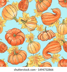 Seamless pattern with hand drawn pumpkin and leaves