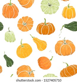 Seamless pattern with hand drawn pumpkin in cartoon style. Cute autumn pattern Seamless textile. design for greeting card and invitation of seasonal fall holidays, halloween, thsanksgiving, harvest