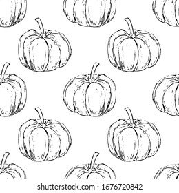 Seamless pattern Hand Drawn pumpkin doodle. Sketch style icon. Decoration element. Isolated on white background. Flat design. Vector illustration.