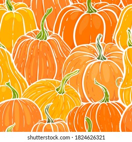 Seamless pattern with hand drawn pumpkin in cartoon style. Cute autumn pattern Seamless textile. design for greeting card and invitation of seasonal fall holidays, halloween, thsanksgiving, harvest
