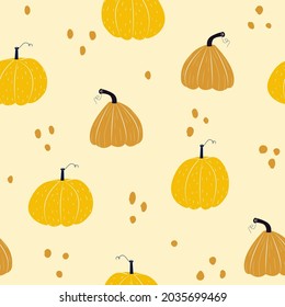 Seamless pattern with hand drawn pumpkin in cartoon style in pastel colors. Autumn texture for thanksgiving, harvest and halloween. Vector Illustration.