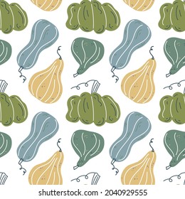 Seamless pattern with hand drawn pumpkin in cartoon style. Flat pastel background of pumpkins, squash. Autumn background for thanksgiving, harvest and halloween in scandinavian style