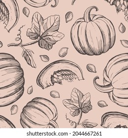 Seamless pattern and hand drawn pumpkin harvest elements  Pumpkin  leaves  flowers  seeds isolated pink background  Design for textile  wrapping paper  wallpaper 