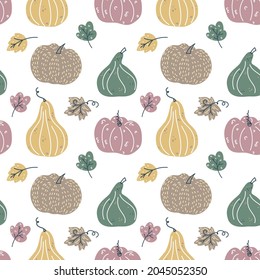 Seamless pattern with hand drawn pumpkin in cartoon style. Flat pastel background of pumpkins, squash with lines and dots. Autumn background for thanksgiving, harvest in scandinavian style