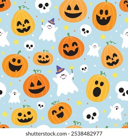 Seamless pattern with hand drawn pumpkin lanterns, ghosts and skulls. Halloween background. Vector illustration
